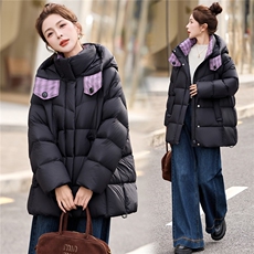 时尚撞色拼接90白鸭绒羽绒服2025冬季新款加厚连帽羽绒外套，女装羽绒服，沁沁公主