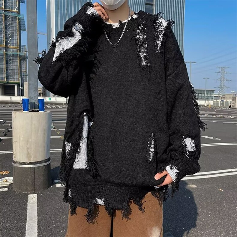 不规则破洞圆领针织衫男秋冬季街头慵懒风宽松情侣毛衣M7178,男装针织衫/毛衣,星座1116A-1（原606A）