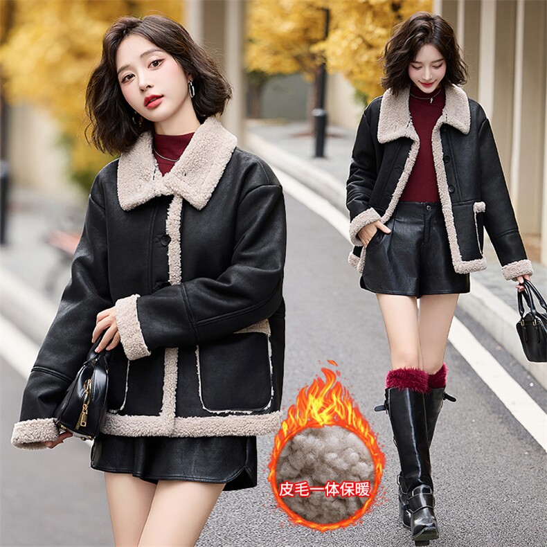 皮毛一体仿羊羔毛外套女短款2024新款秋冬季加绒机车服加厚皮夹克,女装羊羔毛/颗粒绒,潮流依族