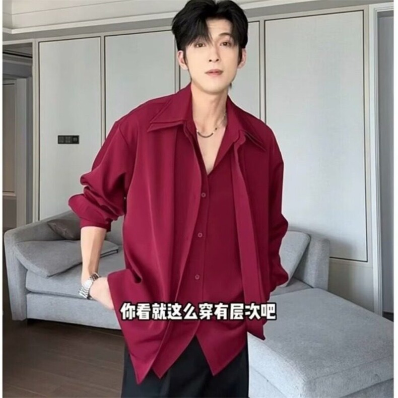 真假两件拼接红色衬衫男款痞帅高级感小众男装垫肩长袖衬衣外套,男装衬衫,星座506A