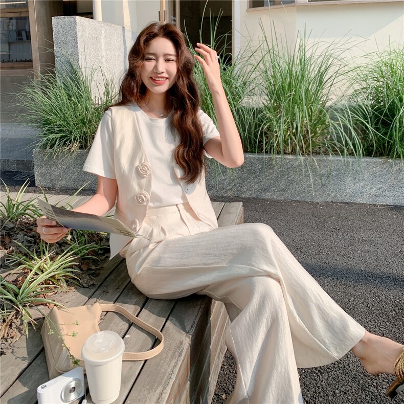 独特设计感花朵装饰扣马甲阔腿裤套装两件套女夏法式温柔系穿搭,女装套装/套裙,2C262