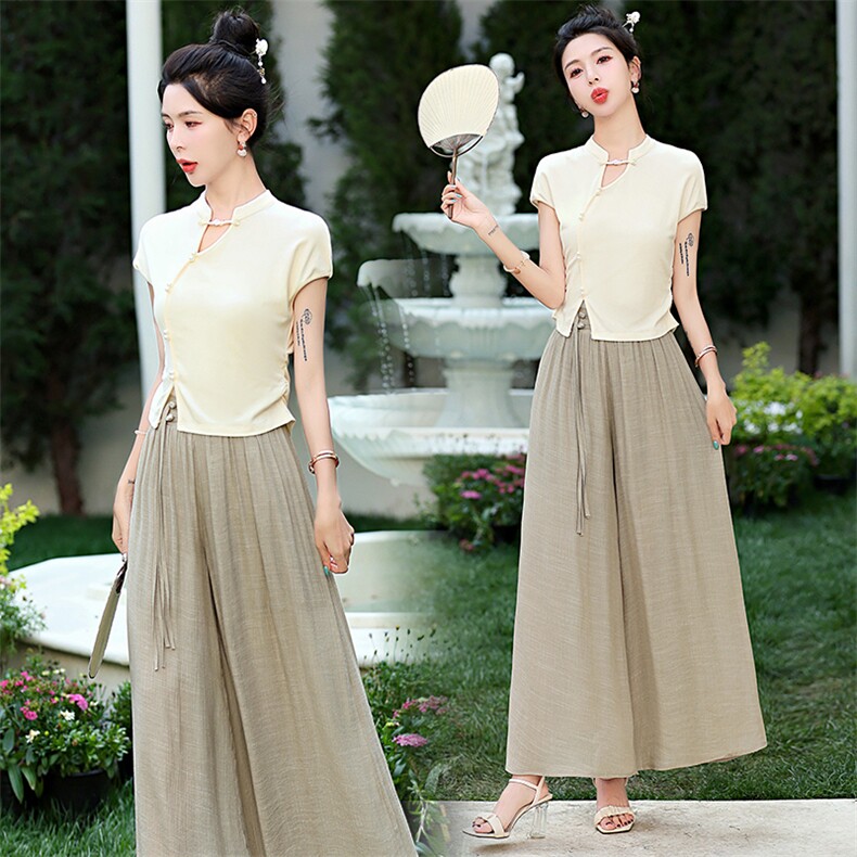 2026年夏季新款新中式盘扣订珠气质套装短袖两件套套装，女装套装/套裙，尚洛菲