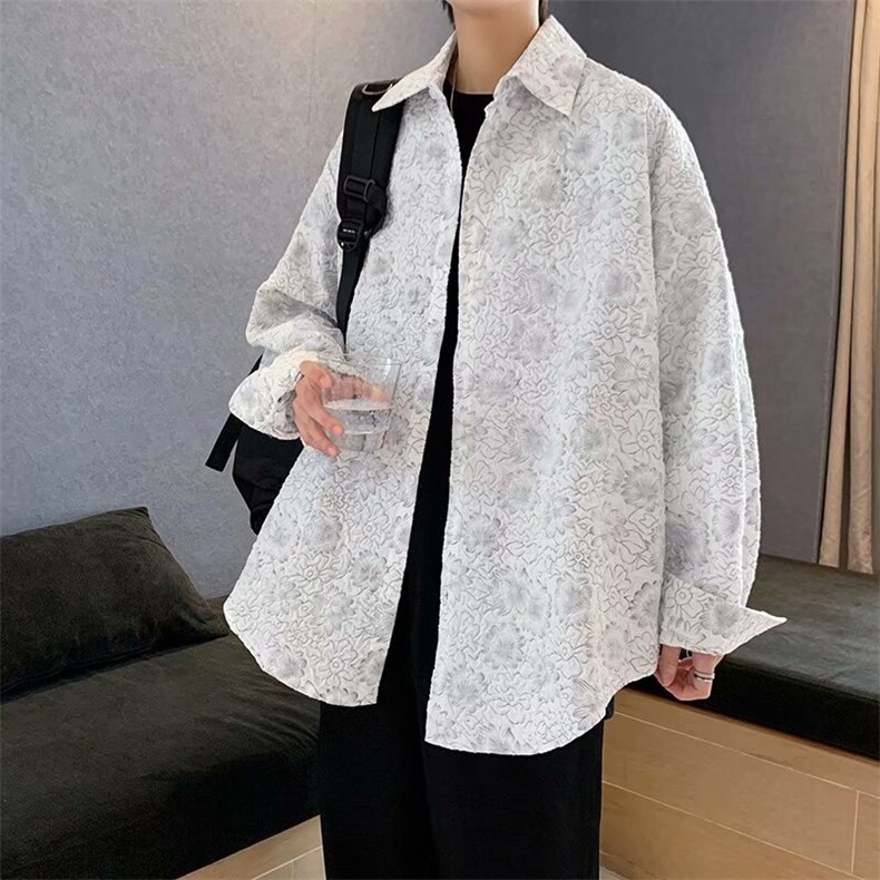 压花碎花衬衫日系衬衣男潮流宽松休闲长袖青年街头外套W1227-P30,男装衬衫,星座512-2