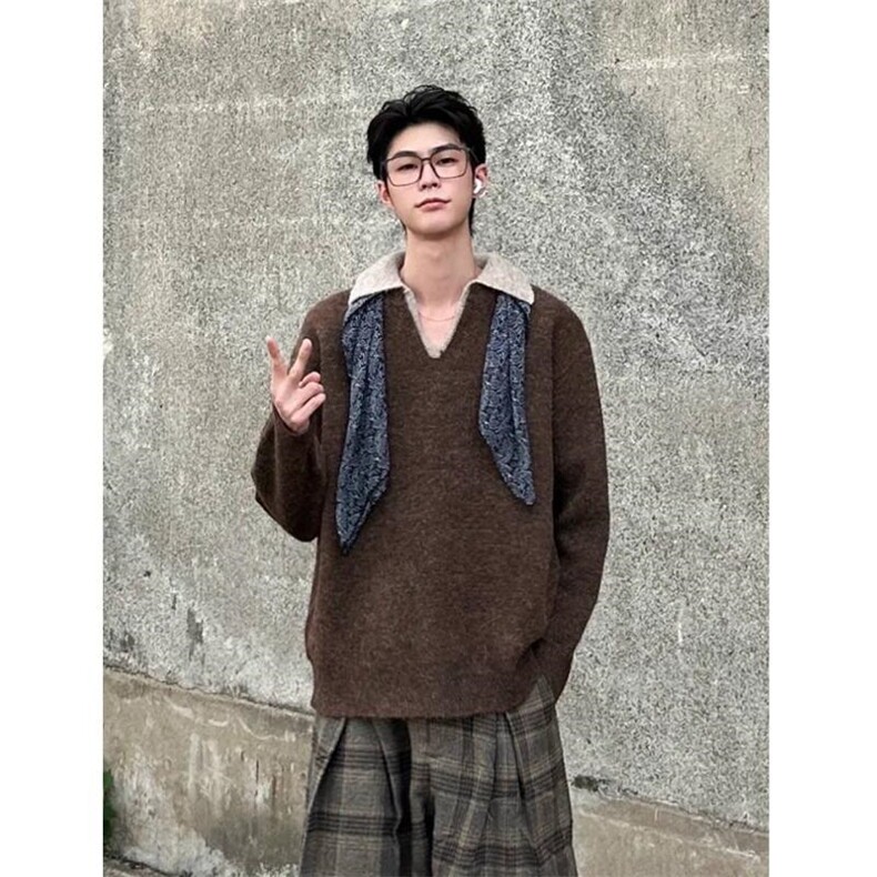 重磅北极绒假两件衬衫领毛衣美式高街复古休闲慵懒纯色翻领针织衫,男装针织衫/毛衣,电商A486