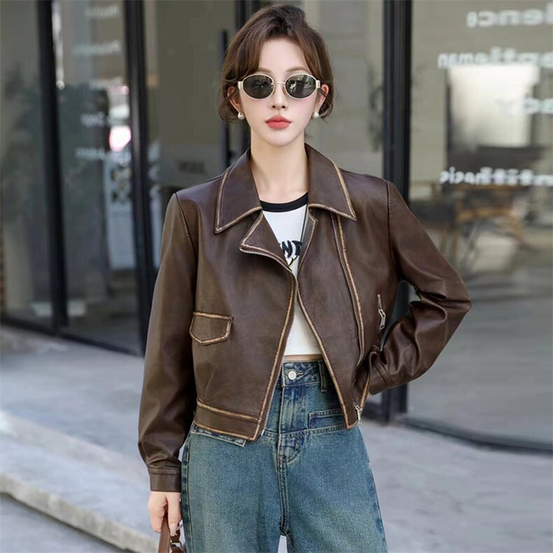 复古机车款皮衣女外套2024秋装新款小个子短款西装领休闲夹克上衣，女装皮衣，美拉德工厂直营店