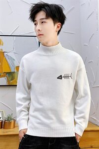秋冬中领毛衣男小鱼骨头长袖外套男毛衫打底针织衫高领白M229P35图片
