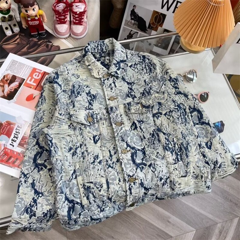 2025秋冬破坏老花刺绣牛仔衣潮流男女情侣青花瓷花卉提花长袖外套,男装工装外套,星座1210-1