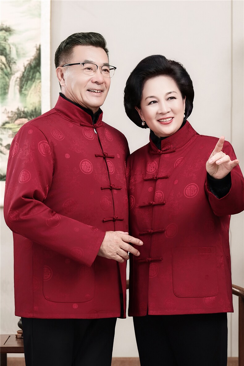 2025情侣毛领加绒中老年唐装外套爸爸妈妈喜庆生日婚宴风外套,男装民族服装,钱塘723