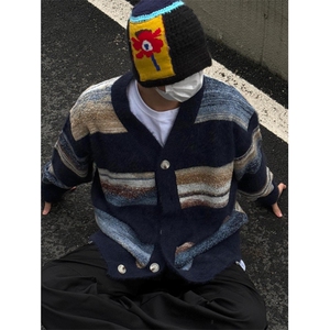 复古慵懒条纹开衫针织衫外套男女潮牌宽松情侣情侣毛衣L3153-P58图片