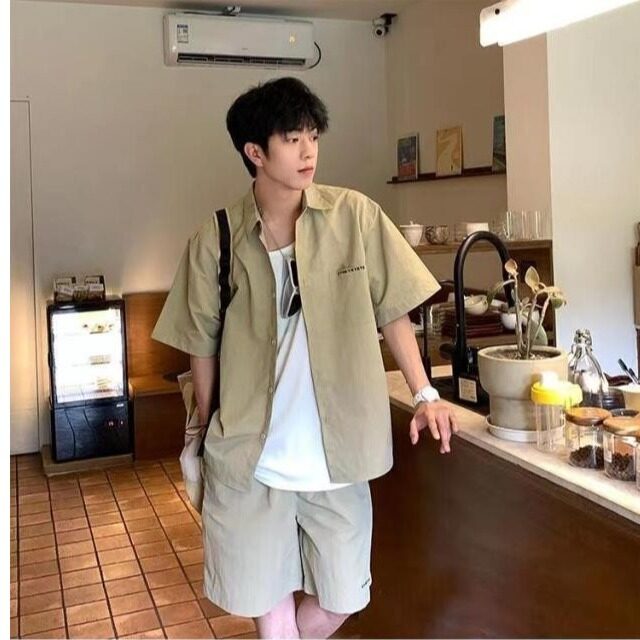 W9790-P58网图现货日系少年感穿搭男生工装套装夏季衬衫短袖,男装T恤,星座1608-2