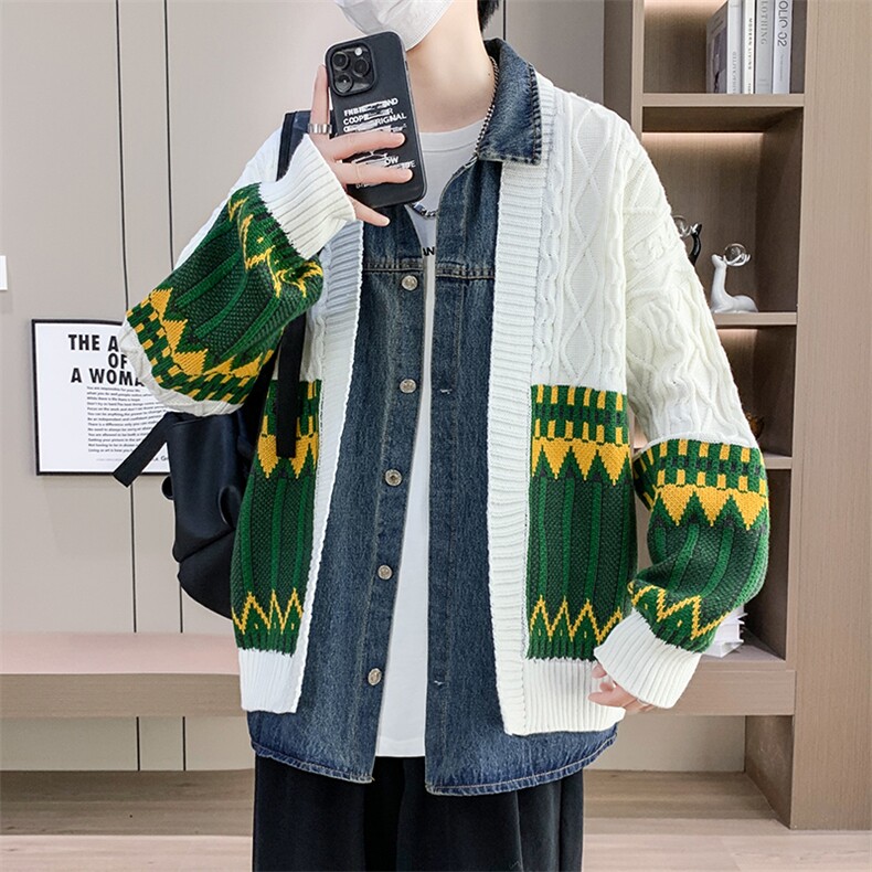 【抖音得物】2025年秋季时尚毛衣针织开衫翻领假两件长袖，男装针织衫/毛衣，电商A113