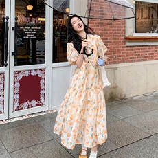法式V领碎花连衣裙女夏气质女神范小清新泡泡袖显瘦桔梗茶歇长裙，女装连衣裙，欣美人