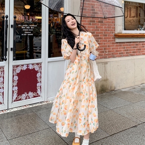 法式V领碎花连衣裙女夏气质女神范小清新泡泡袖显瘦桔梗茶歇长裙图片