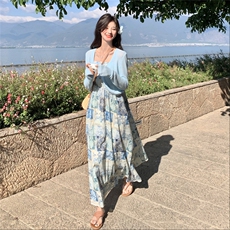 碎花吊带连衣裙冰丝针织防晒开衫两件套法式浪漫优雅度假风套装裙，女装连衣裙，2C166