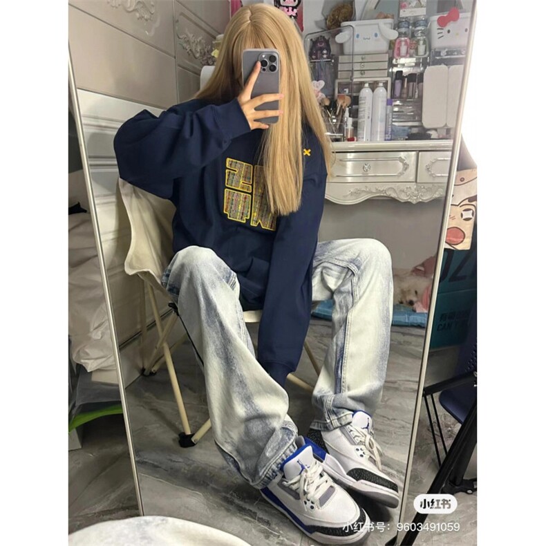 藏青色刺绣圆领卫衣男春秋季ootd穿搭高级感美式复古全棉长袖t恤,男装T恤,星座1005-6