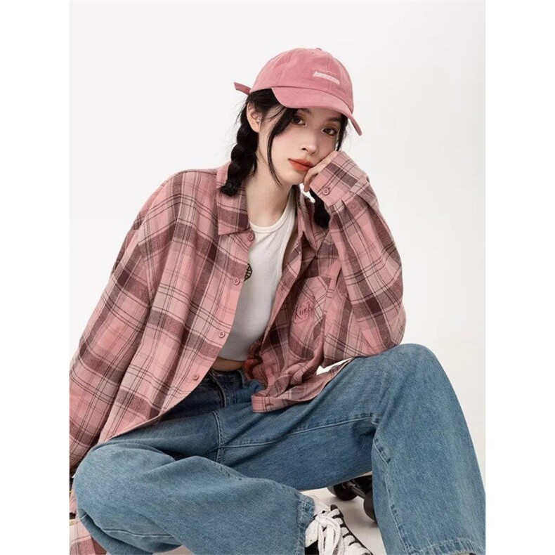 TC655-p45韩版粉色格子衬衫上衣女夏季新款学院风设计感小众衬衣,女装衬衫,星座617A-2