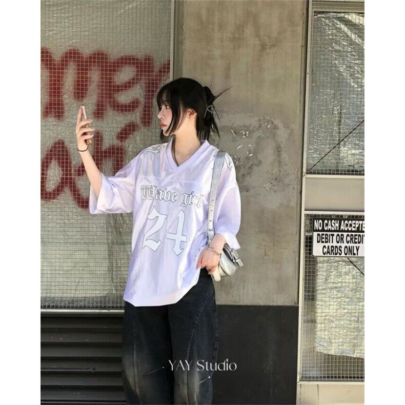 2025新款夏季小众复古V领运动休闲拼接同款男友球衣T恤短袖,男装T恤,星座506A