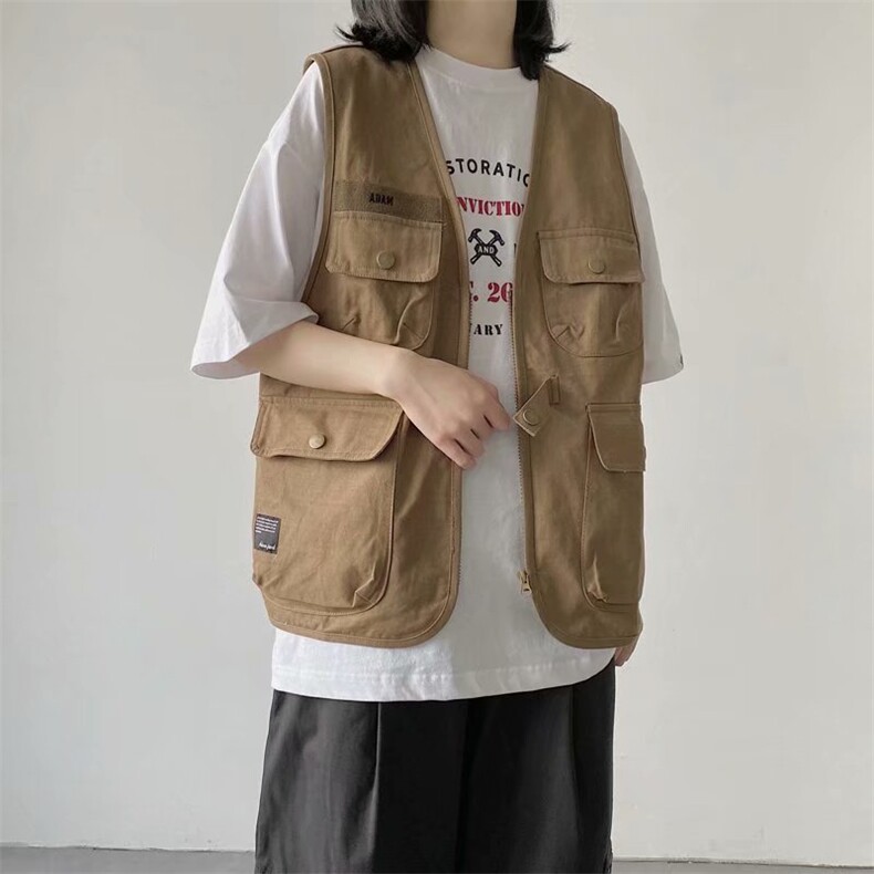 日系复古工装马甲外套机能ins风美式口袋百搭背心坎肩无袖上衣女图片
