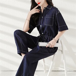 2025夏季新款高级感牛仔连体裤小个子韩版工装连衣裤女气质显瘦，女装连体裤，梦懿尔