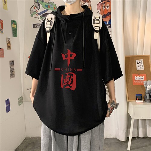 LD54198-P45连帽短袖t恤男大码胖子带帽五分袖中袖,男装T恤,电商A040