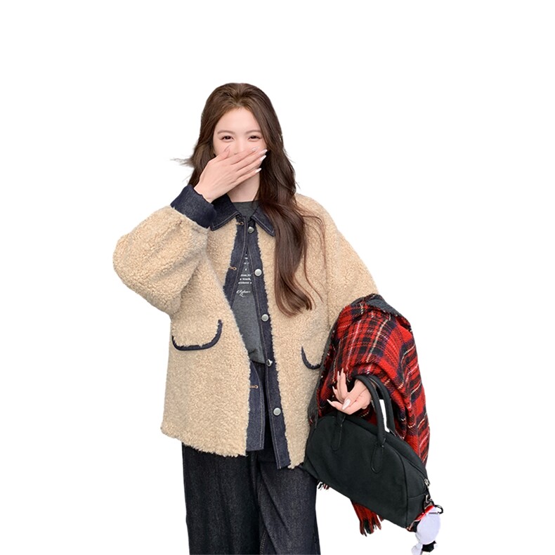 温柔减龄牛仔拼接颗粒绒外套女2025冬季新款软糯保暖皮毛一体上衣,女装短外套,2C007