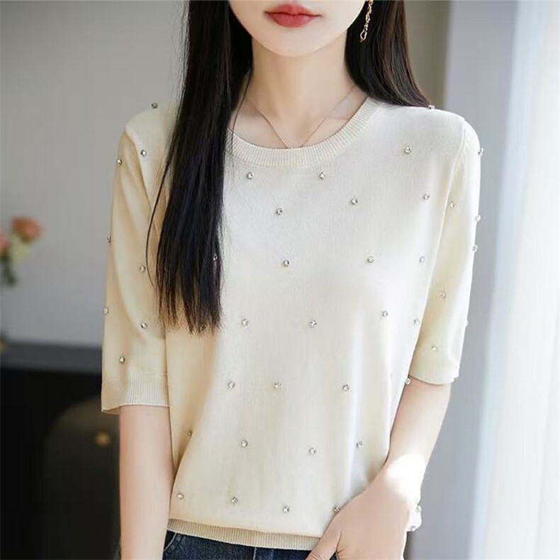 珍珠圆领短袖冰丝面料,女装T恤,萱芳婷羊绒