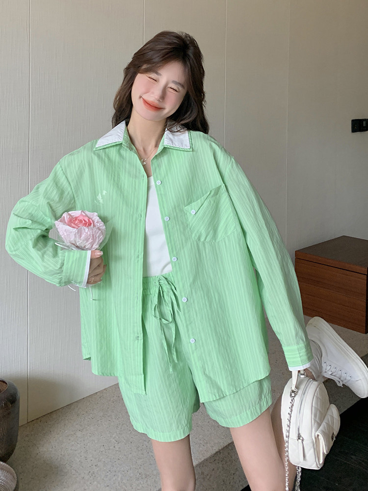 条纹拼接衬衫短裤套装女春秋2025新款多巴胺色流行超火两件套减龄,女装套装/套裙,蝶眷