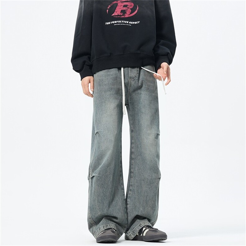 主推【S-4XL】现货！褶皱牛仔裤男水洗直筒裤子A080-8203-P65控88,男装牛仔裤,电商A080