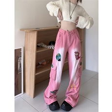 趣味卡通刺绣工装牛仔裤女春秋甜妹穿搭宽松显瘦拖地阔腿直筒长裤，男装牛仔裤，星座1210-1