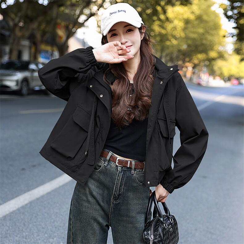 休闲连帽工装短外套女小个子2025年春季新款复古时尚减龄百搭外套,女装短外套,星宇服饰