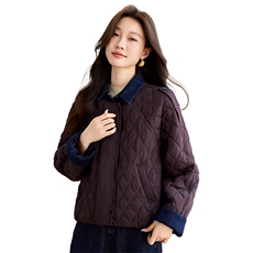 2025年冬季牛仔翻领撞色拼接菱形格夹棉棉服外套棉衣，女装棉衣/棉服，简韵佳