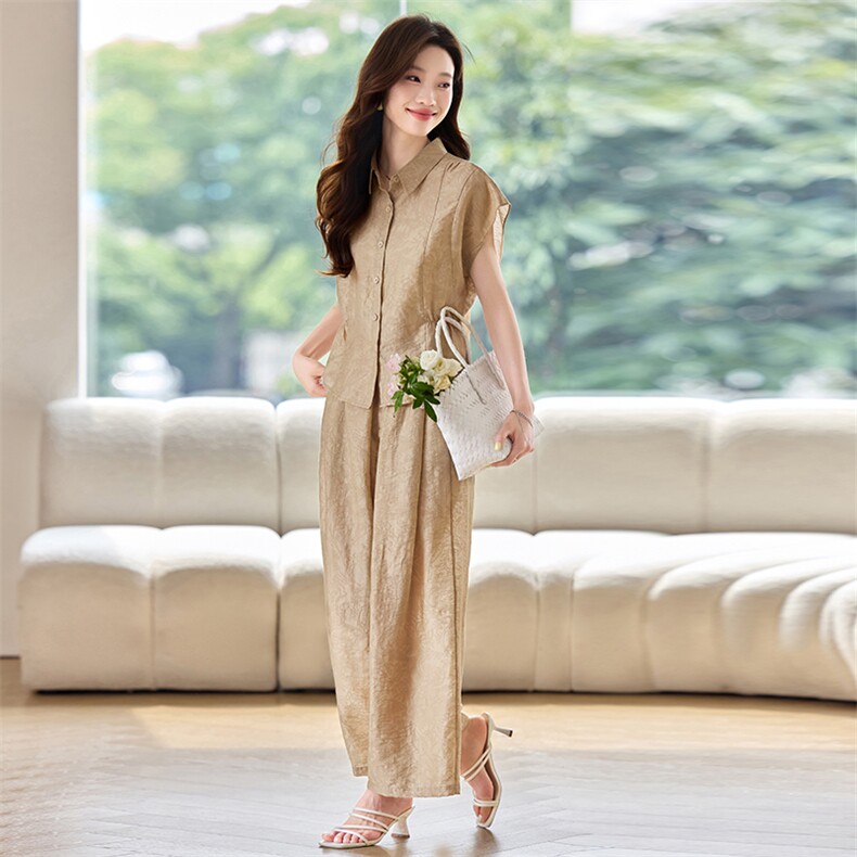 中年妈妈天丝时尚套装夏季大码宽松胖MM亚麻短袖上衣阔腿裤两件套,女装套装/套裙,鑫鑫格