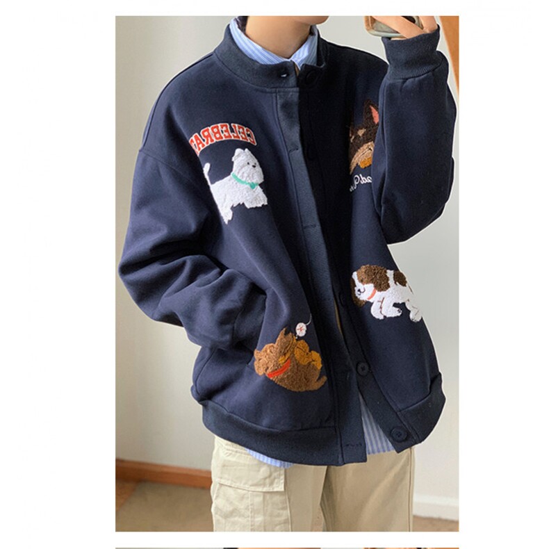 日系卡通小狗毛巾绣开衫卫衣女2025春季新款韩系慵懒风宽松bf外套，女装短外套，星座506A