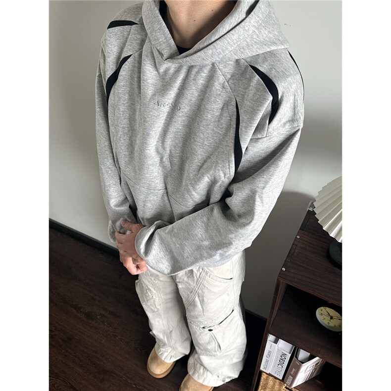 美式复古灰黑拼接字母款连帽卫衣男女420G宽松套头上衣图片