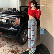高腰阔腿牛仔裤女2025新款春秋季显瘦红色刺绣浅色小个子直筒裤，男装牛仔裤，星座506A