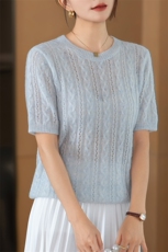 2025夏季新款桑蚕丝羊绒女气质提花镂空针织衫圆领薄款纯色短袖，女装羊绒衫，咔绒特