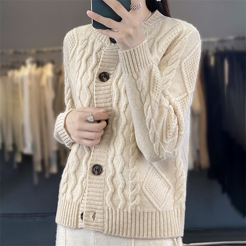 2025年秋季单排扣常规款开衫长袖单件圆领时尚百搭，女装针织衫/毛衣，伊绒腾羊绒