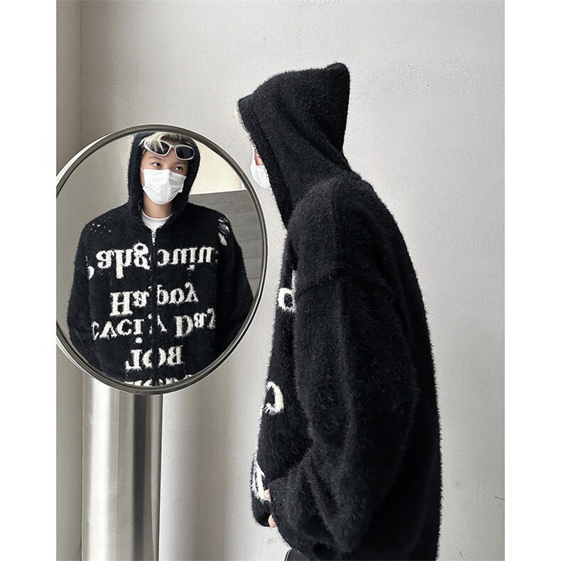 2025秋冬高街破洞字母拉链开衫连帽针织衫水貂毛衣A025-M030-P75，男装针织衫/毛衣，电商A025