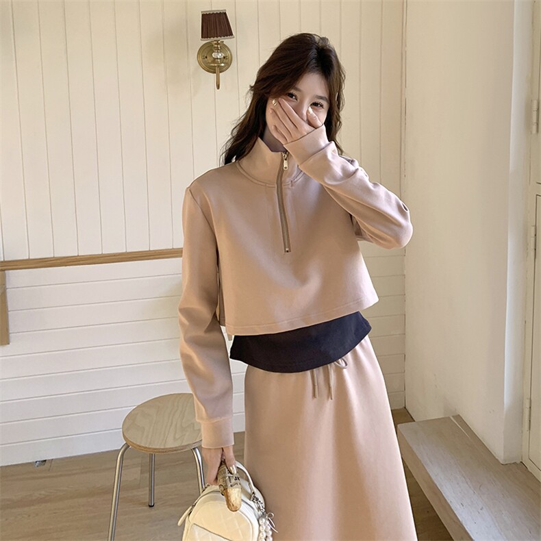 学院风立领卫衣时尚运动套装裙女春秋2025新款韩系减龄撞色三件套,女装套装/套裙,浪娴服饰