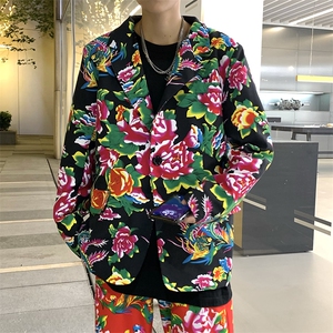 XZ01港风文艺男大码宽松西服东北大花潮牌开衫男女风民族特色图片