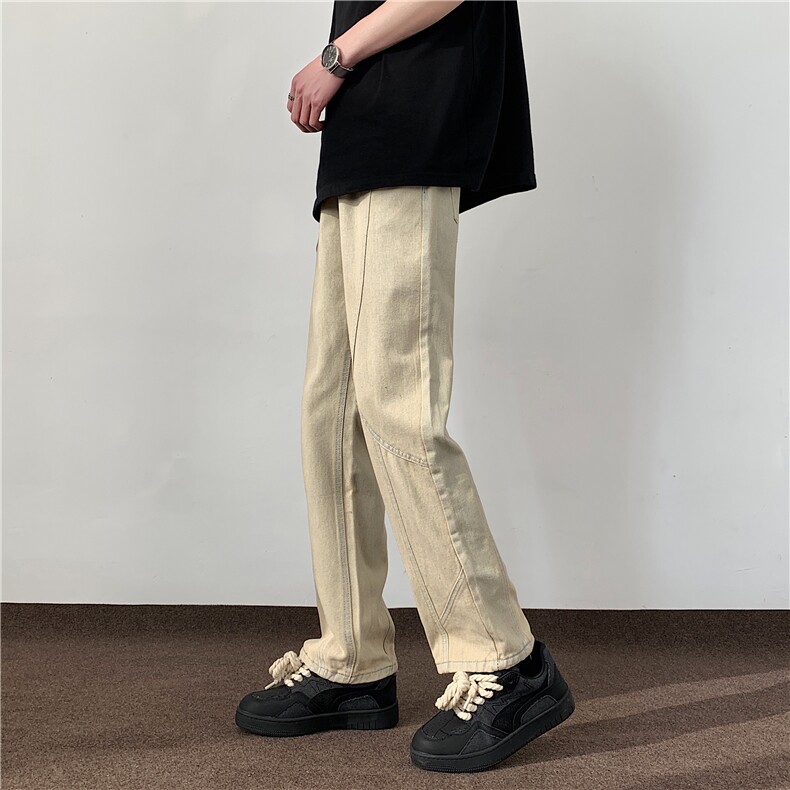 美式复古泥黄色做旧拼接牛仔裤男长裤宽松直筒裤子8008/p48,男装牛仔裤,电商B381-1