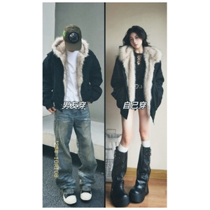 现货重磅硬挺boxy羽绒棉衣座山雕猫耳大毛毛领麂皮棉服冬外套图片
