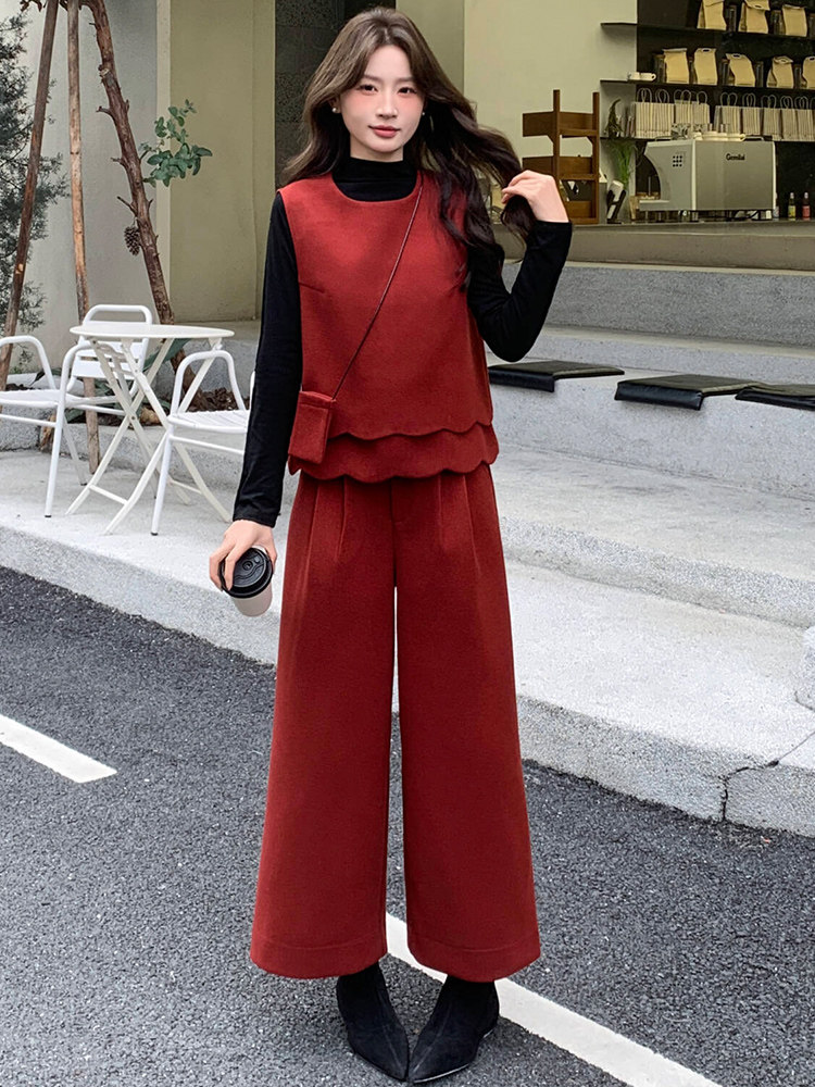 2026年春季法式时尚潮流舒适洋气带高级感磨毛呢马甲三件套裤,女装套装/套裙,心心服饰