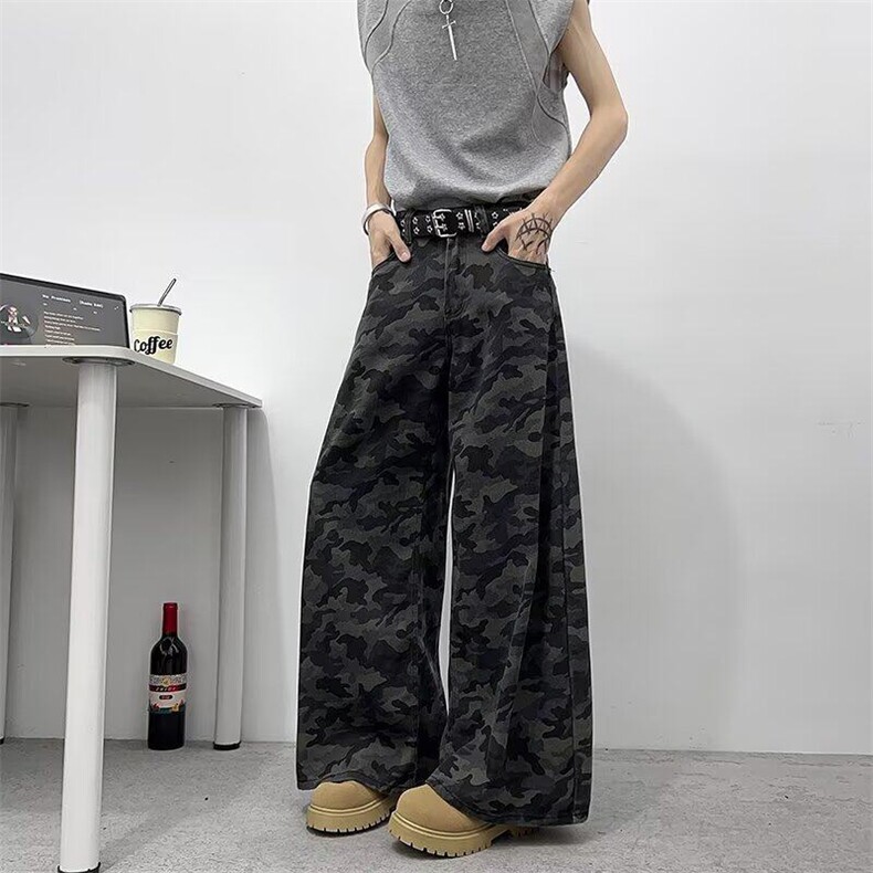 大码美式高街迷彩工装牛仔裤女2025新款直筒拖地裤子RK2923-P45,男装牛仔裤,星座412-3