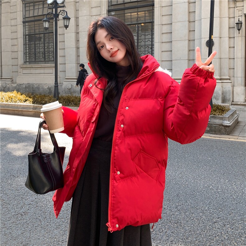 韩系红色连帽棉服女2025冬季新款小个子加厚棉衣学生面包服ins潮,女装棉衣/棉服,2C122