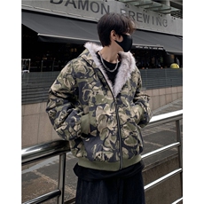 美式复古毛边拼接做旧迷彩连帽外套宽松冬休闲夹克棉服上衣p108，男装棉衣，电商C307