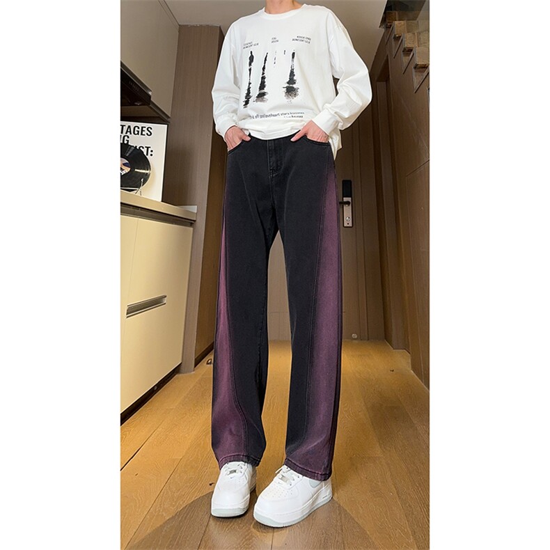 现货黑紫色拼接宽松阔腿直筒撞色休闲牛仔裤男女K5820-P50控78,男装牛仔裤,星座205
