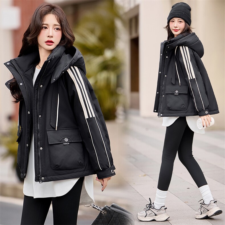 休闲时尚撞色工装派克羽绒服女2024冬新款加厚连帽保暖白鸭绒外套,女装羽绒服,采品优优