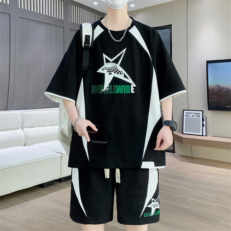休闲运动套装夏季宽松阔版青少年学生短袖短裤一套A436-T68-P50,男装休闲套装,电商A436