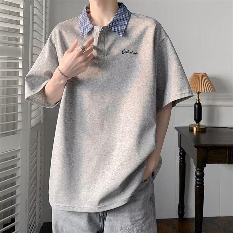 2025新款撞色格子领polo衫翻领短袖t恤半袖街头潮流现货T1862-P38，男装Polo衫，星座512-3